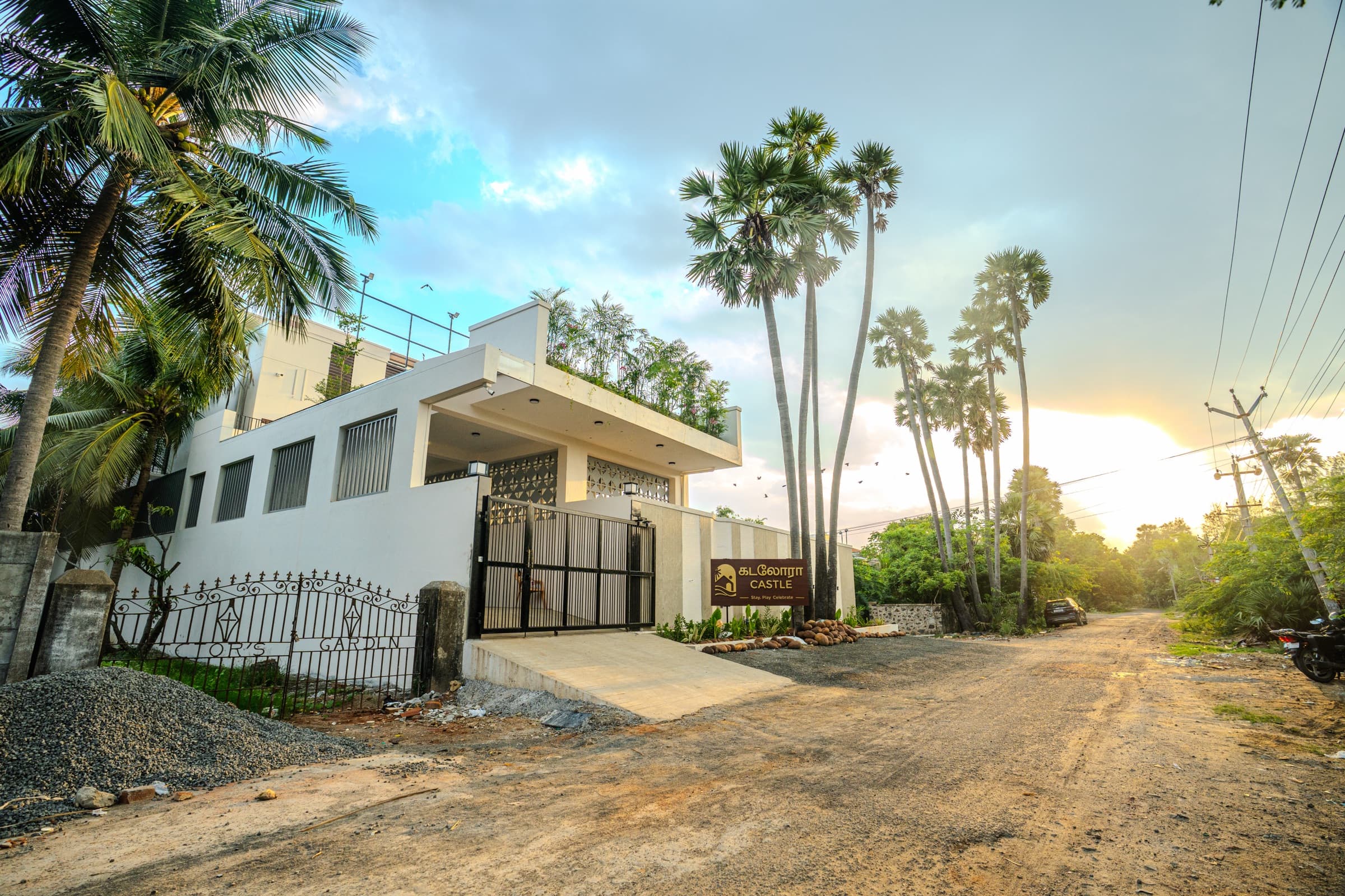 The villa exterior at dusk